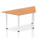 In this photograph, we see a modern office table with a trapezium-shaped oak top and sleek chrome post legs. The tables dynamic design exudes a bold and professional aesthetic, making it a stylish addition to any workspace.