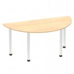 This picture shows a modern 1600mm semi-circle table with a maple top and chrome post leg. The sleek and dynamic design adds a touch of style to any space. The mixture of natural wood and shiny metal creates a striking contrast.