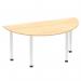 This picture shows a modern 1600mm semi-circle table with a maple top and chrome post leg. The sleek and dynamic design adds a touch of style to any space. The mixture of natural wood and shiny metal creates a striking contrast.