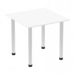 This picture shows a white top, brushed aluminum post leg Dynamic Tables Impulse 800mm square table. The table has a modern and sleek design, with clean lines and a sturdy base. The white top contrasts beautifully with the metal leg, creating a dynamic and stylish look.