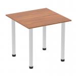 This image features a sleek walnut top on a 800mm square table, supported by a brushed aluminium post leg. The dynamic table adds a modern touch to any space with its clean lines and minimalistic design.