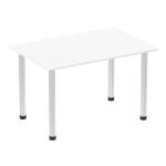 The photo captures a sleek and modern Dynamic Tables Impulse 1200mm straight table with a crisp white top and brushed aluminum post legs. The table exudes a clean and minimalist aesthetic, perfect for any contemporary workspace or meeting room.