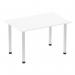 The photo captures a sleek and modern Dynamic Tables Impulse 1200mm straight table with a crisp white top and brushed aluminum post legs. The table exudes a clean and minimalist aesthetic, perfect for any contemporary workspace or meeting room.