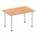 The photo showcases a sleek and modern Dynamic Tables Impulse 1200mm straight table, with a stunning oak top and brushed aluminium post leg. Its clean lines and elegant design make it a perfect addition to any workspace or meeting room. The natural wood grain adds warmth and sophistication to the overall look.
