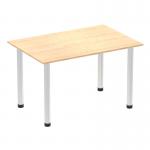 In the picture, we see a 1200mm straight table with a maple top and brushed aluminium post leg. The design features a dynamic table structure, adding a modern touch to any space. The sleek and stylish combination of wood and metal creates a professional yet inviting atmosphere.