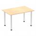 In the picture, we see a 1200mm straight table with a maple top and brushed aluminium post leg. The design features a dynamic table structure, adding a modern touch to any space. The sleek and stylish combination of wood and metal creates a professional yet inviting atmosphere.