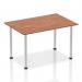 The image shows a sleek and modern Dynamic Tables Impulse 1400mm straight table. The top is made of rich walnut wood, with a brushed aluminium post leg supporting it. The table exudes elegance and sophistication, perfect for any contemporary office space or meeting room.