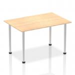 The photo features a sleek, modern Impulse 1400mm Straight Table in Maple Top with Brushed Aluminium Post Legs. The dynamic design and clean lines add a touch of sophistication to any workspace. The maple top provides a warm and welcoming feel while the brushed aluminium legs add a touch of contemporary style. This table is both functional and visually appealing, making it perfect for any office or meeting room setting.