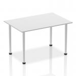 The dynamic tables impulse 1400mm straight table features a sleek white top and brushed aluminum post legs. Its modern design exudes elegance and the perfect balance of form and function. Ideal for any workspace or meeting room.