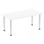 This image shows a sleek and modern Dynamic Tables Impulse 1600mm Straight Table with a white top and brushed aluminum post legs. The table is the perfect combination of style and functionality.