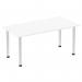 This image shows a sleek and modern Dynamic Tables Impulse 1600mm Straight Table with a white top and brushed aluminum post legs. The table is the perfect combination of style and functionality.