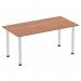 The photograph features a sleek, modern Dynamic Tables Impulse 1600mm straight table with a stunning walnut top and brushed aluminum post legs. Its contemporary design adds a touch of elegance to any office or meeting space.