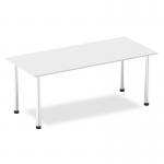 This picture features a sleek, modern Dynamic Tables Impulse 1800mm straight table with a white top and brushed aluminum post leg. The design is clean and streamlined, making it a versatile option for any workspace.