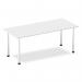 This picture features a sleek, modern Dynamic Tables Impulse 1800mm straight table with a white top and brushed aluminum post leg. The design is clean and streamlined, making it a versatile option for any workspace.