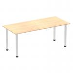 This photo displays a sleek, modern Dynamic Tables Impulse 1800mm straight table with a maple top and brushed aluminium post leg. The clean lines and neutral colors create a functional and stylish workspace for any office setting. The table is spacious and sturdy, providing a professional and efficient work surface.