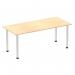 This photo displays a sleek, modern Dynamic Tables Impulse 1800mm straight table with a maple top and brushed aluminium post leg. The clean lines and neutral colors create a functional and stylish workspace for any office setting. The table is spacious and sturdy, providing a professional and efficient work surface.