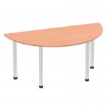 The photograph captures a sleek and modern semi-circle table with a beech top and brushed aluminium post leg. Its dynamic design exudes sophistication and functionality for any workspace or meeting area.