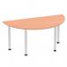 The photograph captures a sleek and modern semi-circle table with a beech top and brushed aluminium post leg. Its dynamic design exudes sophistication and functionality for any workspace or meeting area.