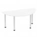 This picture features a white top, semi-circle table with brushed aluminum post legs. The dynamic tables impulse design measures 1600mm and is sleek and modern in appearance.