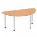 This image features a dynamic tables impulse 1600mm semi-circle table with an oak top and a brushed aluminium post leg. The table is sleek and contemporary in design, making it a perfect addition to any modern office space or meeting room. The semi-circle shape adds a unique touch to the overall aesthetic.