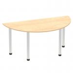 This photograph captures a sleek and modern semi-circular table with a stunning maple top and brushed aluminium post leg. Its dynamic design exudes sophistication and adds a touch of style to any space.