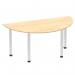 This photograph captures a sleek and modern semi-circular table with a stunning maple top and brushed aluminium post leg. Its dynamic design exudes sophistication and adds a touch of style to any space.