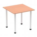 The Dynamic Tables Impulse 800mm Square Table features a beech top and a white post leg. It is a modern, sleek table with clean lines and a versatile design.