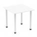 The photo shows a sleek, modern white table with a square top and post leg. The table is dynamic, with a smooth finish and clean lines, making it suitable for a variety of environments.