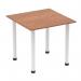 This picture features a sleek and modern Dynamic Tables Impulse 800mm square table with a walnut top and white post legs. It exudes a professional and stylish vibe, perfect for any modern office or meeting space. The clean lines and contrasting colors add sophistication to the overall look.