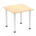 This image shows a modern, square table with a maple top and white post legs. The table is designed with versatility and functionality in mind, with a dynamic appearance that adds style to any space. Clean lines and a neutral color palette make it a versatile choice for various settings.
