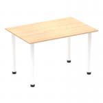 This photograph features a sleek, modern Dynamic Tables Impulse table with a 1200mm straight maple top and white post leg. The table exudes a sense of sophistication and the contrasting colors create a striking visual contrast.