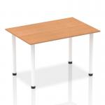This photograph features a sleek and modern 1400mm straight table with an oak top and white post leg. The dynamic table adds a sense of style to any space, making it a versatile addition to any room. Its clean lines and contrasting colors create a contemporary and eye-catching design.