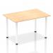 This image features a sleek, modern Dynamic Tables Impulse 1400mm Straight Table. The maple wood top is complemented by white post legs, creating a clean and professional look. Perfect for any office or workspace.