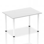 In the picture, a modern and sleek Dynamic Tables Impulse 1400mm Straight Table is shown with a white top and matching white post legs. The overall design exudes a clean and professional look, perfect for any workspace.