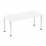 This photo showcases a sleek and modern Dynamic Tables Impulse 1800mm Straight Table with a white top and white post leg. The clean lines and simple design give off a professional and minimalist vibe, perfect for any office space.