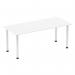 This photo showcases a sleek and modern Dynamic Tables Impulse 1800mm Straight Table with a white top and white post leg. The clean lines and simple design give off a professional and minimalist vibe, perfect for any office space.