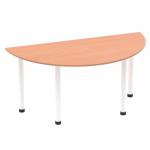This photo shows a 1600mm semi-circle table with a beech top and white post leg. The table has a dynamic and modern design, perfect for any contemporary workspace or meeting room. The natural wood finish adds warmth and elegance to the overall look.