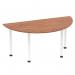 The dynamic tables impulse 1600mm semi-circle table features a sleek walnut top and white post legs, creating a modern and stylish look. The unique shape adds interest and functionality to any space, making it a versatile choice for any setting.