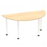 This photo shows a modern and stylish semi-circle table with a maple top and white post legs. The dynamic tables are designed to make a statement and add a touch of elegance to any space. The 1600mm size provides ample space for work or meetings.