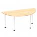 This photo shows a modern and stylish semi-circle table with a maple top and white post legs. The dynamic tables are designed to make a statement and add a touch of elegance to any space. The 1600mm size provides ample space for work or meetings.