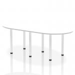 In the image, there is a modern and elegant boardroom set-up with a 2400mm white top table and white post legs. The room is dynamic, with a minimalistic design and lots of natural light from large windows. Sleek black chairs and a sleek metallic fixture adds to the overall sleek aesthetic.