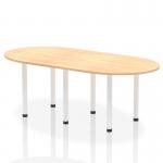 This photo features a sleek and modern dynamic boardroom and conference table, measuring 2400mm and boasting a maple top and white post legs. The combination of natural and crisp white tones exudes professionalism and functionality, making it a perfect addition to any workspace.
