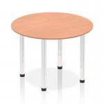 A photograph of this dynamic round table features a sleek beech top and chrome post leg, creating a modern and stylish look. The 1000mm round shape adds functionality, making it suitable for various settings.