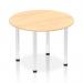 The picture shows a dynamic round table with a 1000mm diameter maple top and chrome post legs. The sleek design brings a modern touch to any space, while the round shape promotes open communication and collaboration. This sturdy table is perfect for any meeting or gathering.