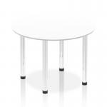 This picture depicts a sleek and modern dynamic round table with a 1000mm white top and chrome post leg. The design exudes elegance and functionality, perfect for meetings or gatherings.