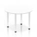 This picture depicts a sleek and modern dynamic round table with a 1000mm white top and chrome post leg. The design exudes elegance and functionality, perfect for meetings or gatherings.