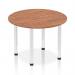 This picture features a dynamic round table with a 1000mm walnut top and chrome post leg. The table exudes a modern and sleek design, perfect for any contemporary space. The round shape allows for easy conversation and the chrome legs add a touch of elegance.