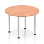 A photo of a dynamic round table with a 1000mm beech top and brushed aluminium post leg. The sleek design and curved shape give this table a modern and versatile look. Perfect for any contemporary workspace or meeting room.