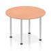 A photo of a dynamic round table with a 1000mm beech top and brushed aluminium post leg. The sleek design and curved shape give this table a modern and versatile look. Perfect for any contemporary workspace or meeting room.