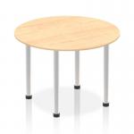The picture shows a dynamic round table with a 1000mm diameter, featuring a charming maple top and sturdy brushed aluminium post leg. Perfect for versatile use in various settings.